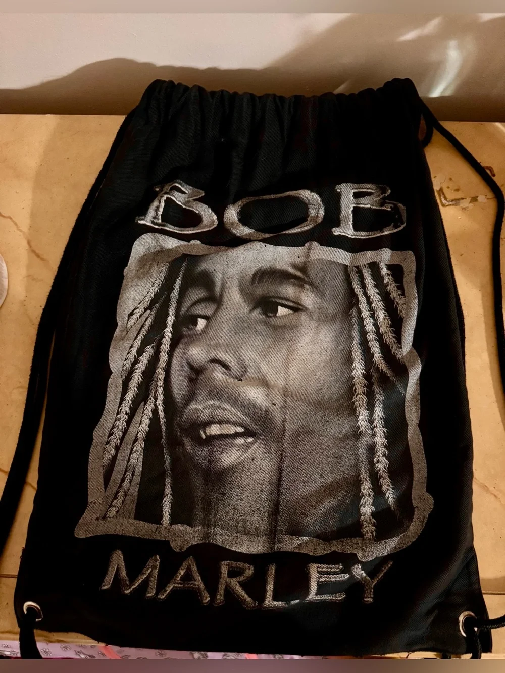 Bob Marley Double Sided  Graphic Drawstring Backpack  with Reggae Portrait NWOT